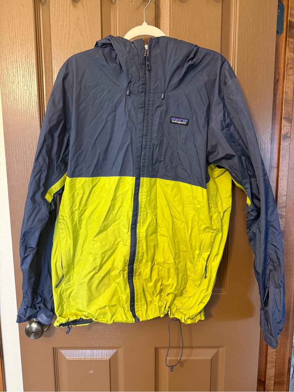 Patagonia Two-Tone Hooded Raincoat in Navy & Lime Green